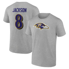 Lamar Jackson Baltimore Ravens Icon Player Name & Number T-Shirt - Gray T-shirts