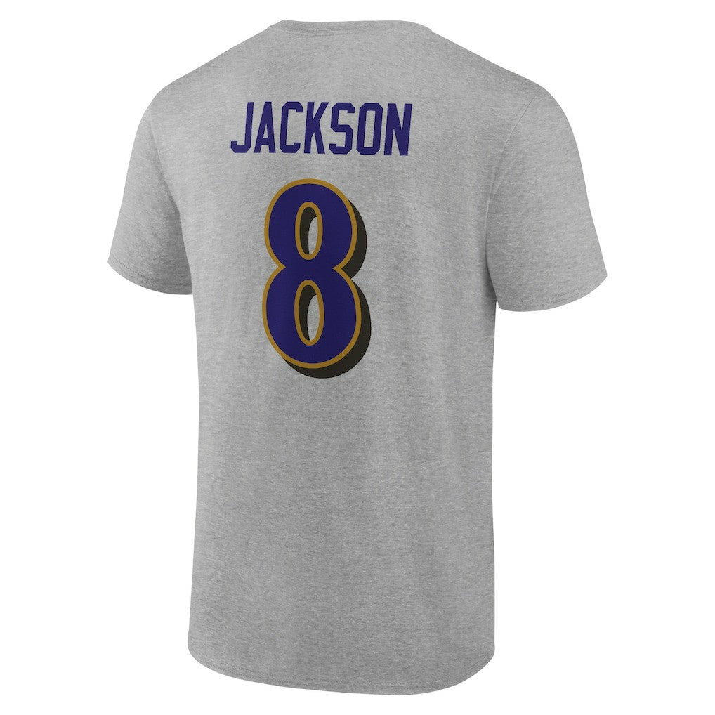 Lamar Jackson Baltimore Ravens Icon Player Name & Number T-Shirt - Gray T-shirts