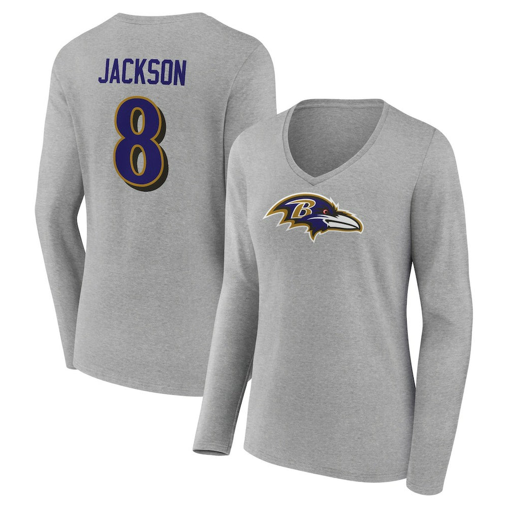 Lamar Jackson Baltimore Ravens Women's Icon Player Name & Number Long Sleeve V-Neck T-Shirt - Gray T-shirts