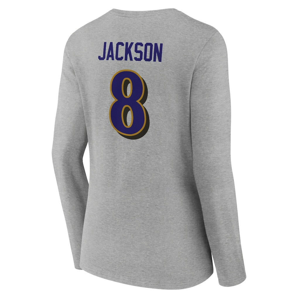Lamar Jackson Baltimore Ravens Women's Icon Player Name & Number Long Sleeve V-Neck T-Shirt - Gray T-shirts