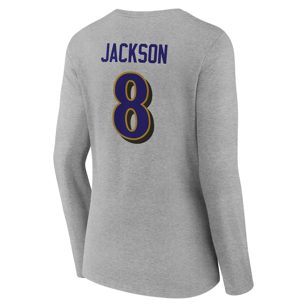 Lamar Jackson Baltimore Ravens Women's Icon Player Name & Number Long Sleeve V-Neck T-Shirt - Gray T-shirts