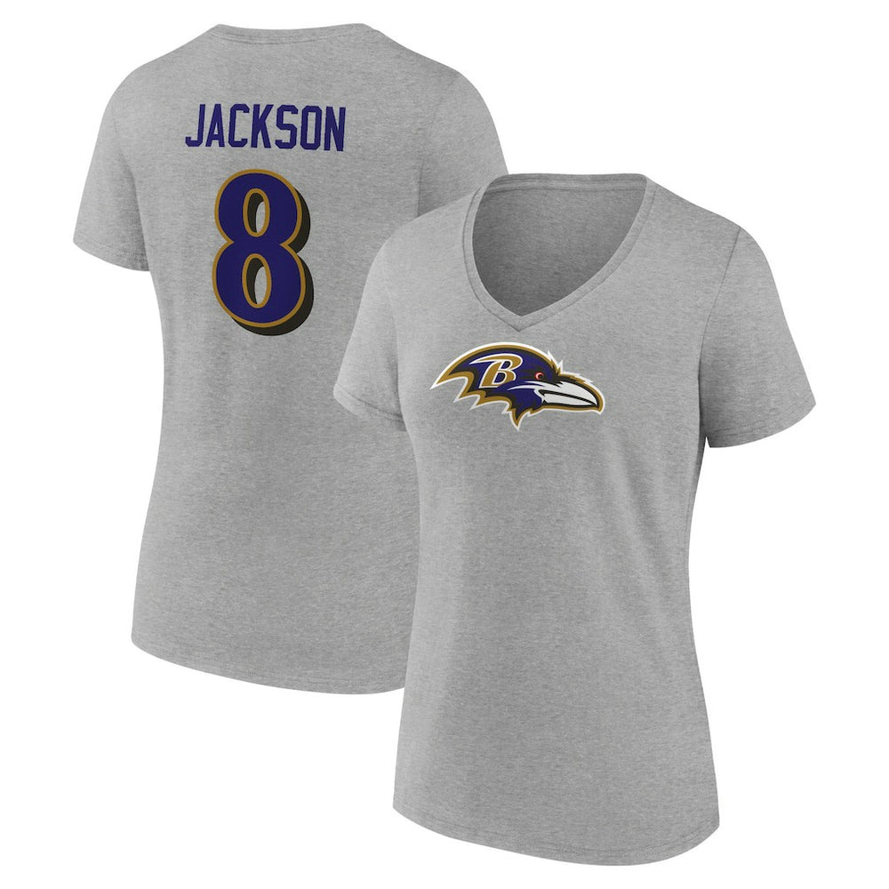 Lamar Jackson Baltimore Ravens Women's Icon Player Name & Number V-Neck T-Shirt - Gray T-shirts