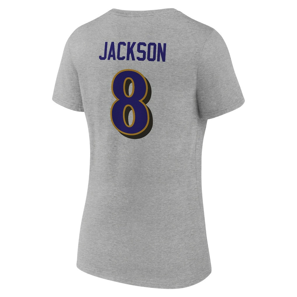 Lamar Jackson Baltimore Ravens Women's Icon Player Name & Number V-Neck T-Shirt - Gray T-shirts