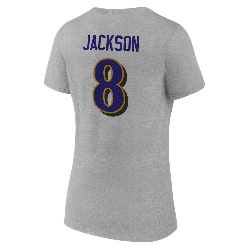 Lamar Jackson Baltimore Ravens Women's Icon Player Name & Number V-Neck T-Shirt - Gray T-shirts