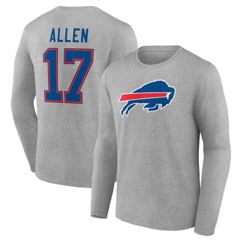 Josh Allen Buffalo Bills Icon Player Name & Number Long Sleeve T-Shirt - Gray T-shirts