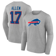 Josh Allen Buffalo Bills Icon Player Name & Number Long Sleeve T-Shirt - Gray T-shirts