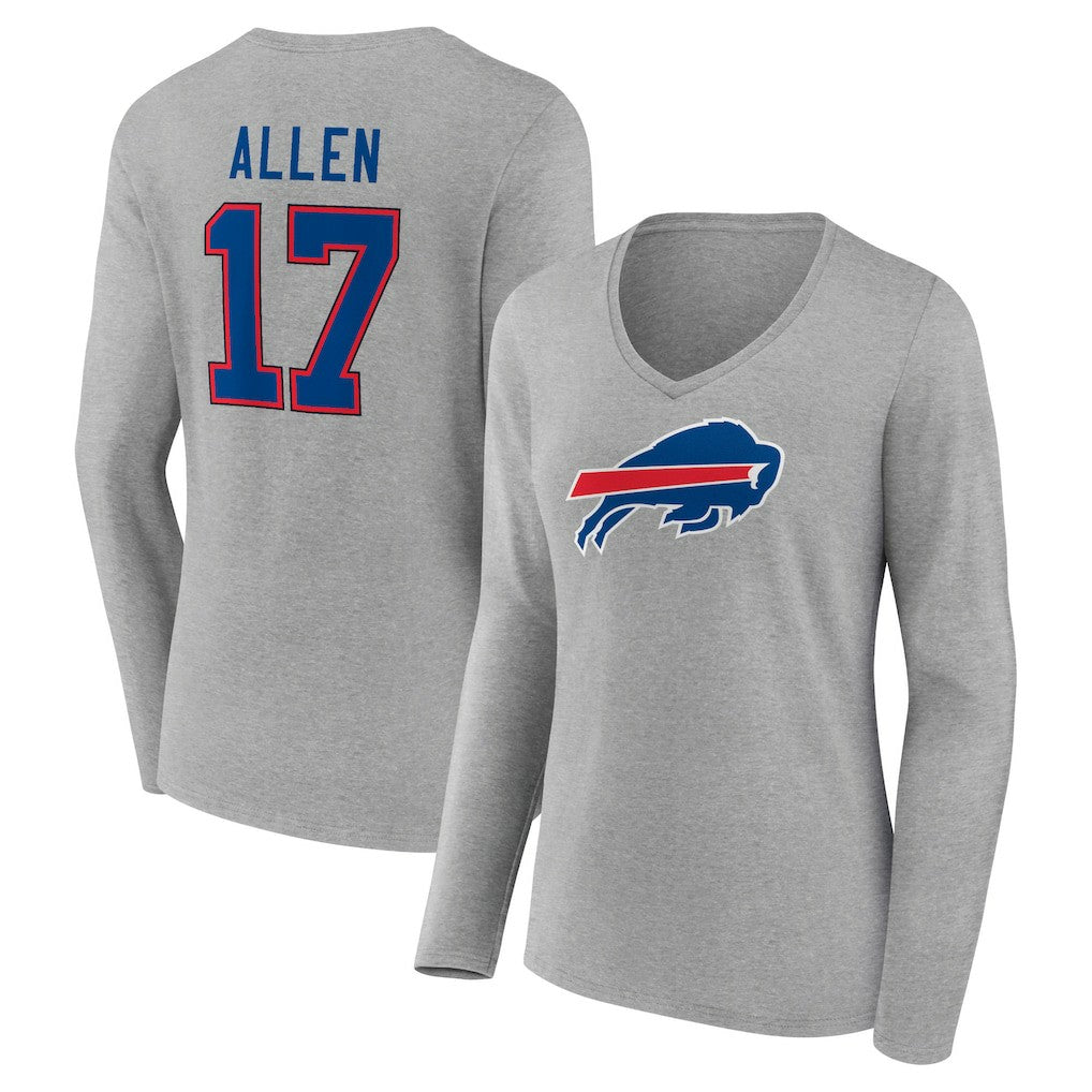 Josh Allen Buffalo Bills Women's Icon Player Name & Number Long Sleeve V-Neck T-Shirt - Gray T-shirts