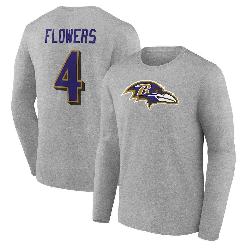 Zay Flowers Baltimore Ravens Icon Player Name & Number Long Sleeve T-Shirt - Gray T-shirts
