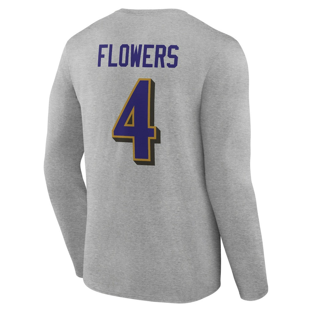 Zay Flowers Baltimore Ravens Icon Player Name & Number Long Sleeve T-Shirt - Gray T-shirts