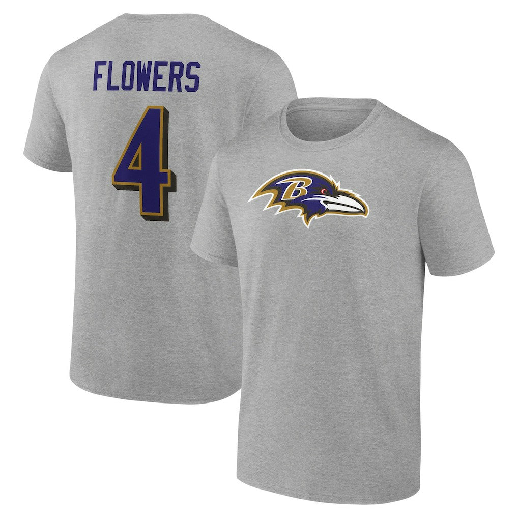 Zay Flowers Baltimore Ravens Icon Player Name & Number T-Shirt - Gray T-shirts