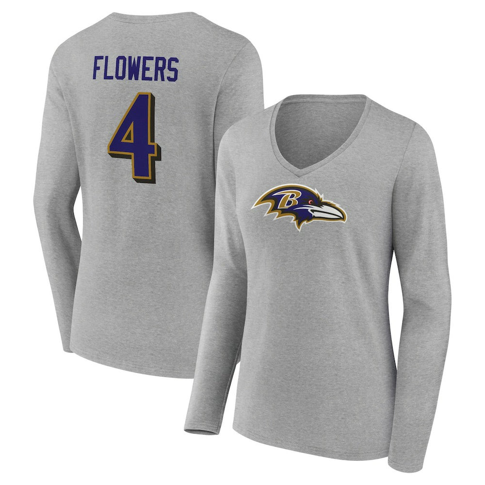 Zay Flowers Baltimore Ravens Women's Icon Player Name & Number Long Sleeve V-Neck T-Shirt - Gray T-shirts