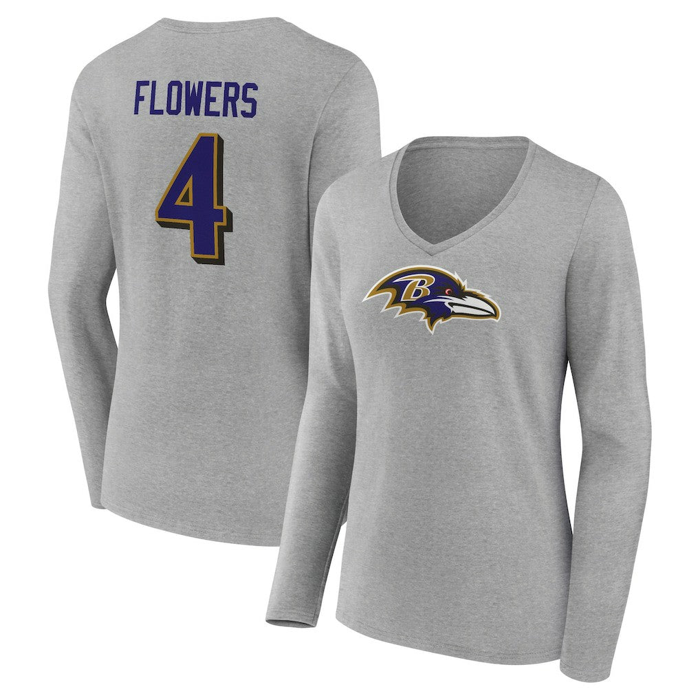 Zay Flowers Baltimore Ravens Women's Icon Player Name & Number Long Sleeve V-Neck T-Shirt - Gray T-shirts