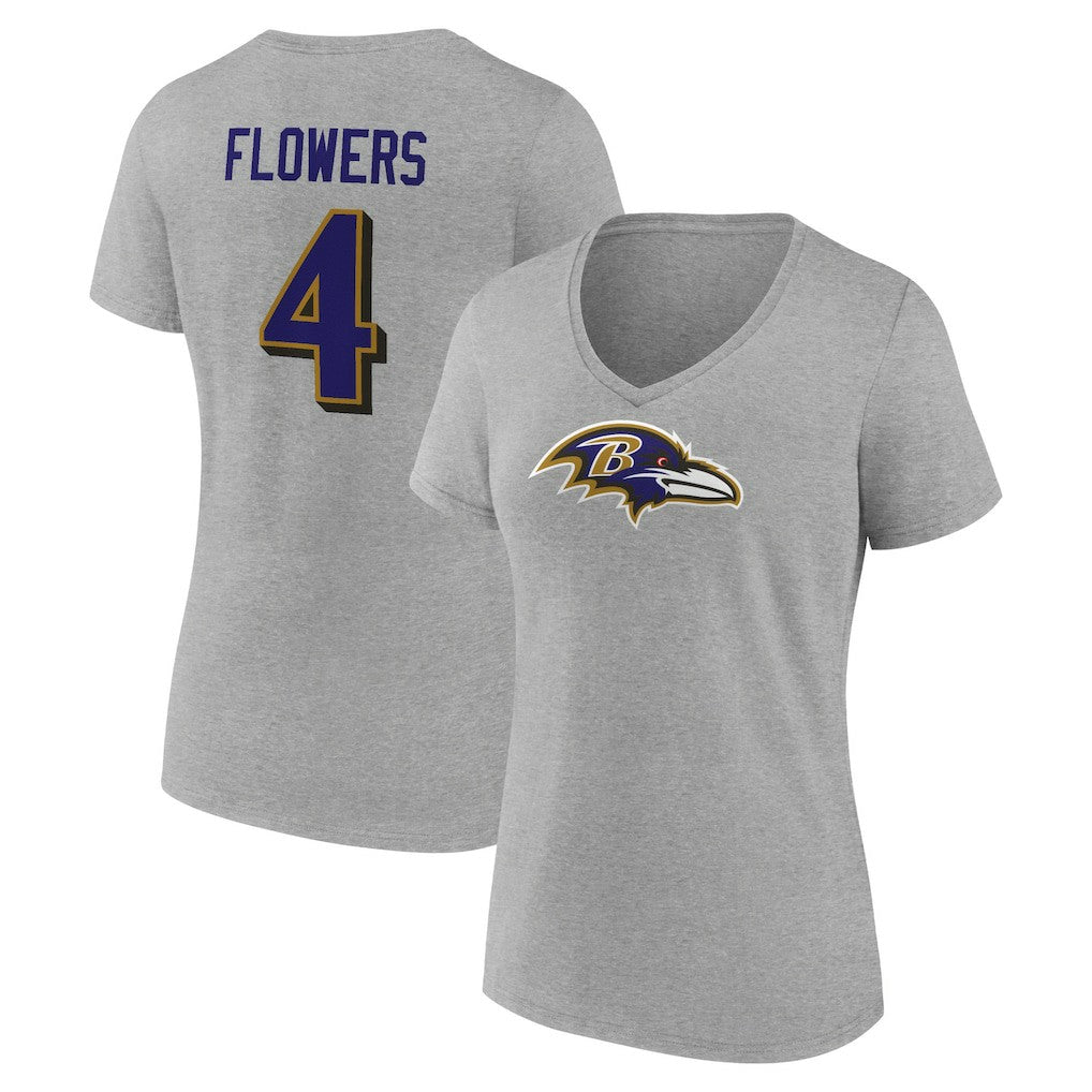 Zay Flowers Baltimore Ravens Women's Icon Player Name & Number V-Neck T-Shirt - Gray T-shirts
