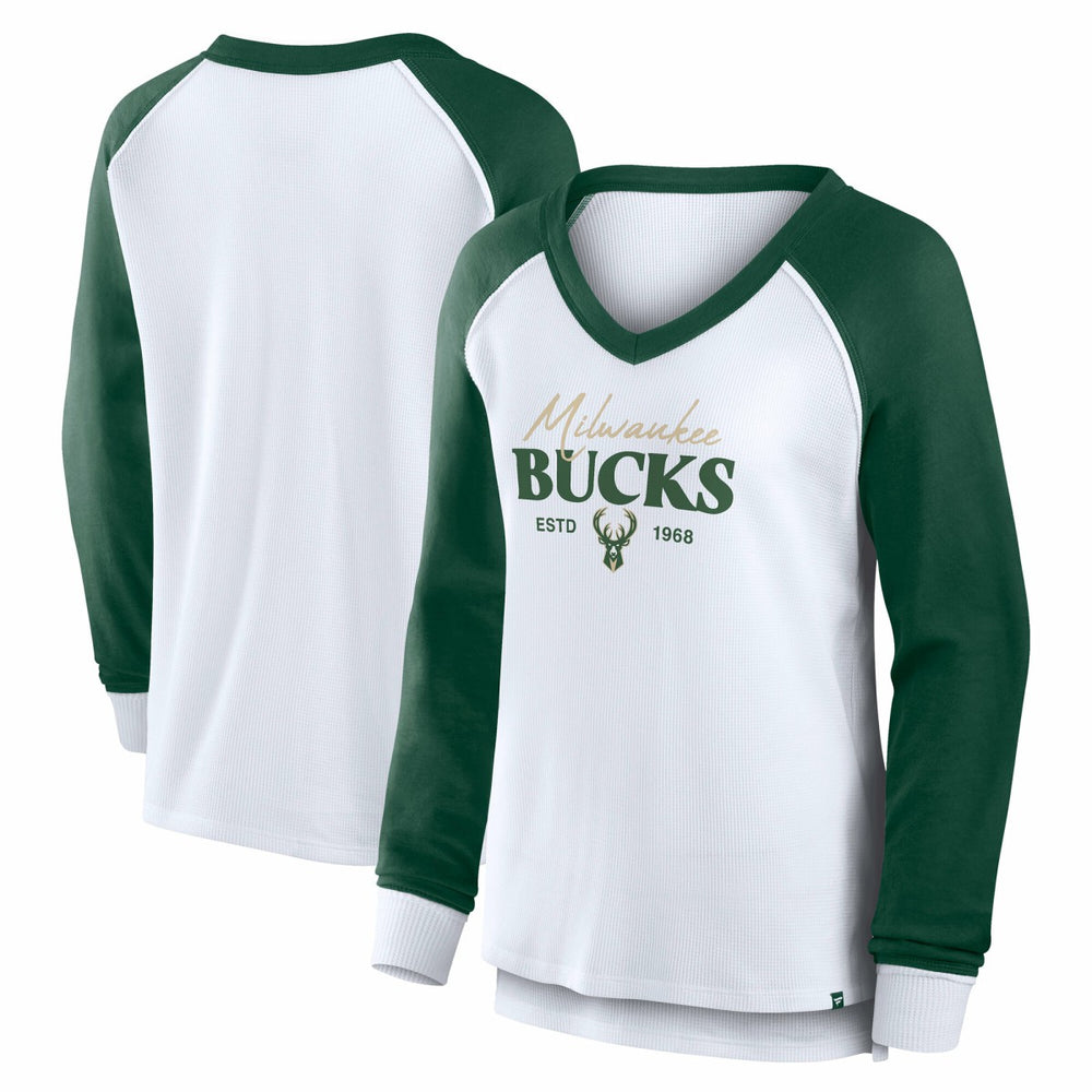 Milwaukee Bucks Women's Open Lane Waffle Long Sleeve V-Neck T-Shirt White - Fanatics