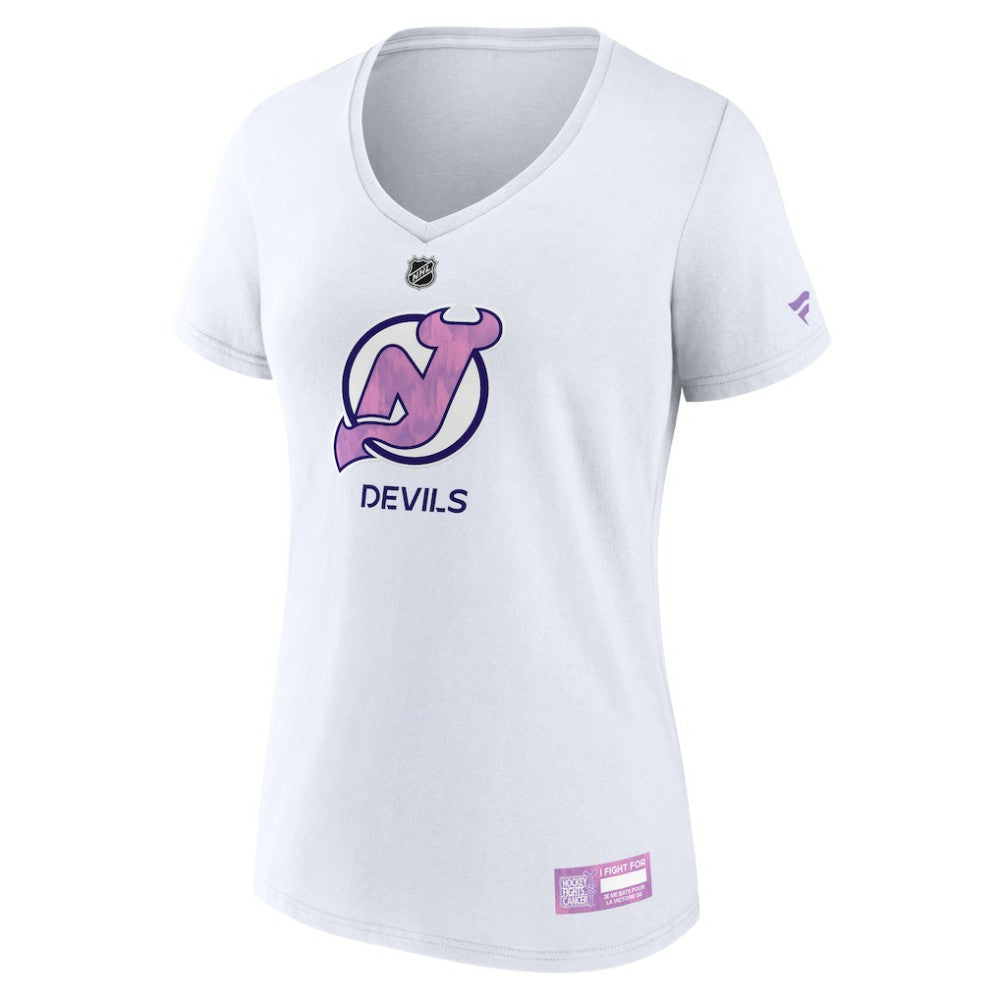 New Jersey Devils Fanatics Women's 2024 Hockey Fights Cancer V-Neck T-Shirt - White | US 201204282