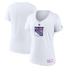 New York Rangers Fanatics Women's 2024 Hockey Fights Cancer V-Neck T-Shirt - White | US 201204283
