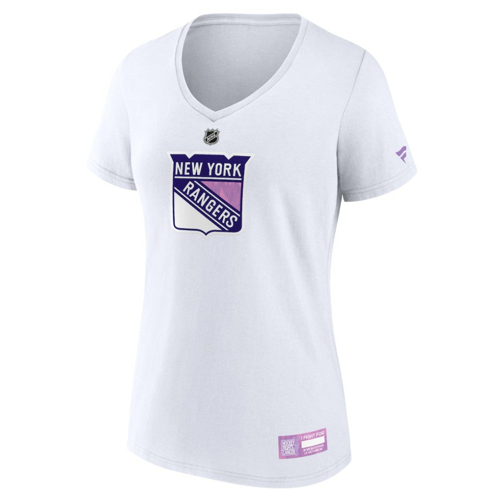 New York Rangers Fanatics Women's 2024 Hockey Fights Cancer V-Neck T-Shirt - White | US 201204283