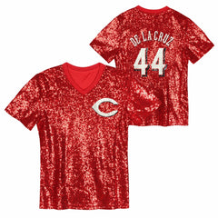 Elly De La Cruz Cincinnati Reds Juniors Name & Number Sequin V-Neck Top - Red Tops