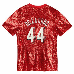 Elly De La Cruz Cincinnati Reds Juniors Name & Number Sequin V-Neck Top - Red Tops