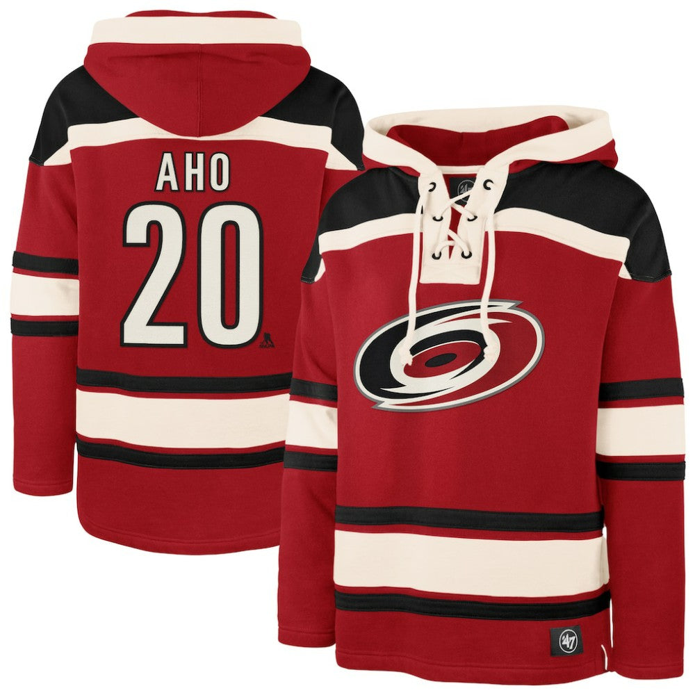 Sebastian Aho Carolina Hurricanes '47 Player Name & Number Lacer Pullover Hoodie - Red | US 201242062
