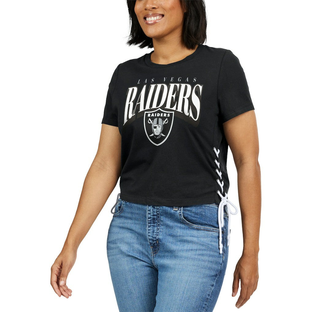 Las Vegas Raiders WEAR by Erin Andrews Women's Lace Up Side Modest Cropped T-Shirt - Black T-shirts