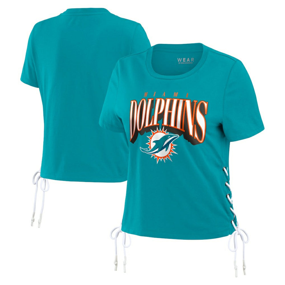 Miami Dolphins WEAR by Erin Andrews Women's Lace Up Side Modest Cropped T-Shirt - Aqua T-shirts
