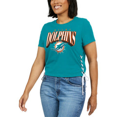 Miami Dolphins WEAR by Erin Andrews Women's Lace Up Side Modest Cropped T-Shirt - Aqua T-shirts