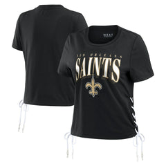 New Orleans Saints WEAR by Erin Andrews Women's Lace Up Side Modest Cropped T-Shirt - Black T-shirts
