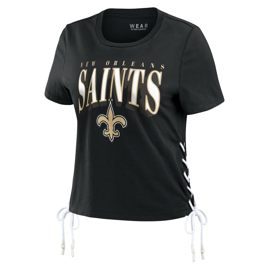 New Orleans Saints WEAR by Erin Andrews Women's Lace Up Side Modest Cropped T-Shirt - Black T-shirts