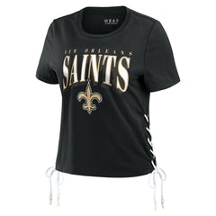 New Orleans Saints WEAR by Erin Andrews Women's Lace Up Side Modest Cropped T-Shirt - Black T-shirts