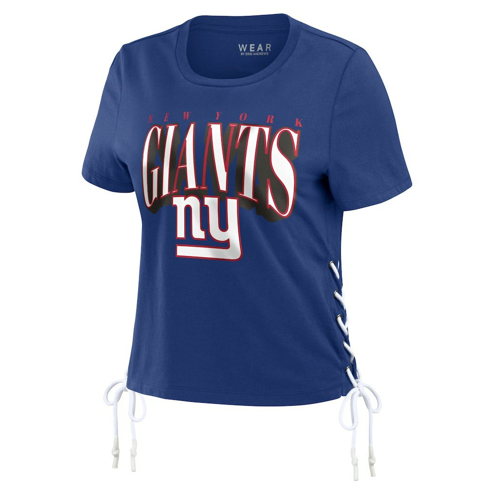 New York Giants WEAR by Erin Andrews Women's Lace Up Side Modest Cropped T-Shirt - Royal T-shirts