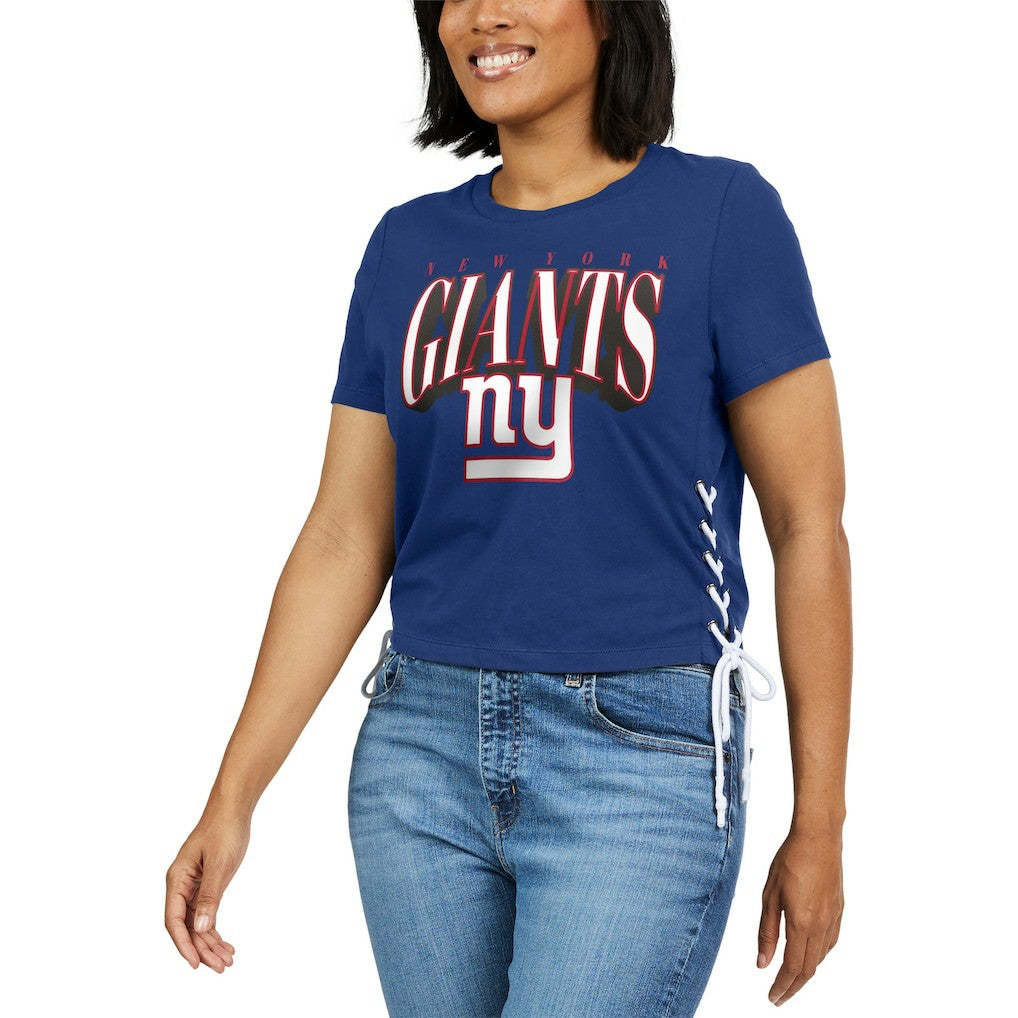 New York Giants WEAR by Erin Andrews Women's Lace Up Side Modest Cropped T-Shirt - Royal T-shirts