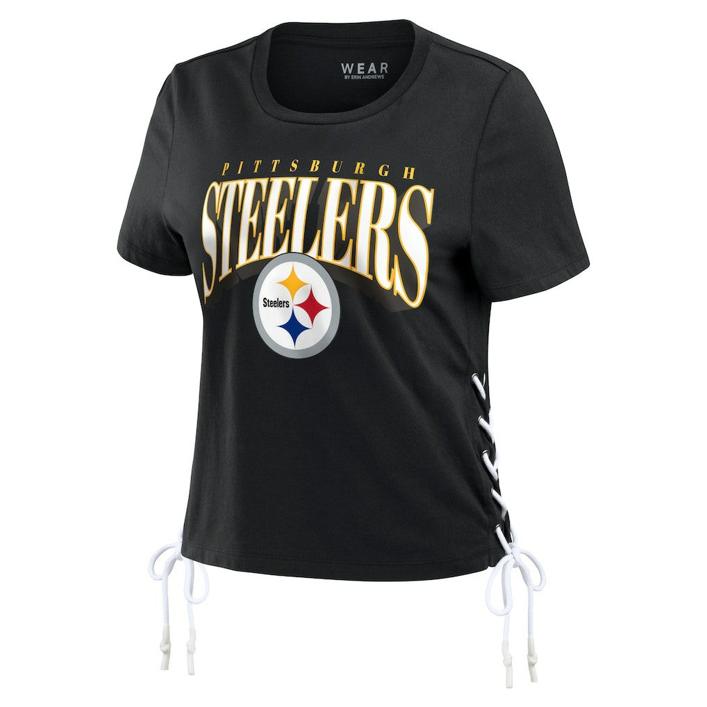 Pittsburgh Steelers WEAR by Erin Andrews Women's Lace Up Side Modest Cropped T-Shirt - Black T-shirts