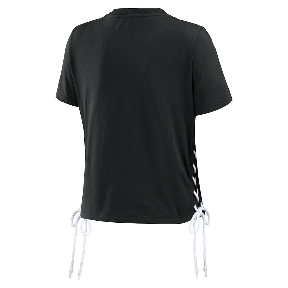 Pittsburgh Steelers WEAR by Erin Andrews Women's Lace Up Side Modest Cropped T-Shirt - Black T-shirts