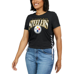 Pittsburgh Steelers WEAR by Erin Andrews Women's Lace Up Side Modest Cropped T-Shirt - Black T-shirts