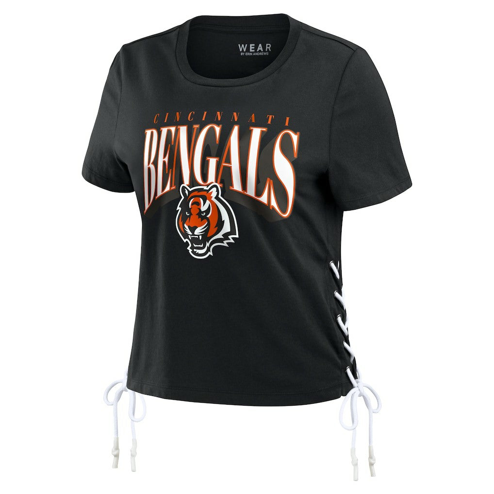 Cincinnati Bengals WEAR by Erin Andrews Women's Lace Up Side Modest Cropped T-Shirt - Black T-shirts