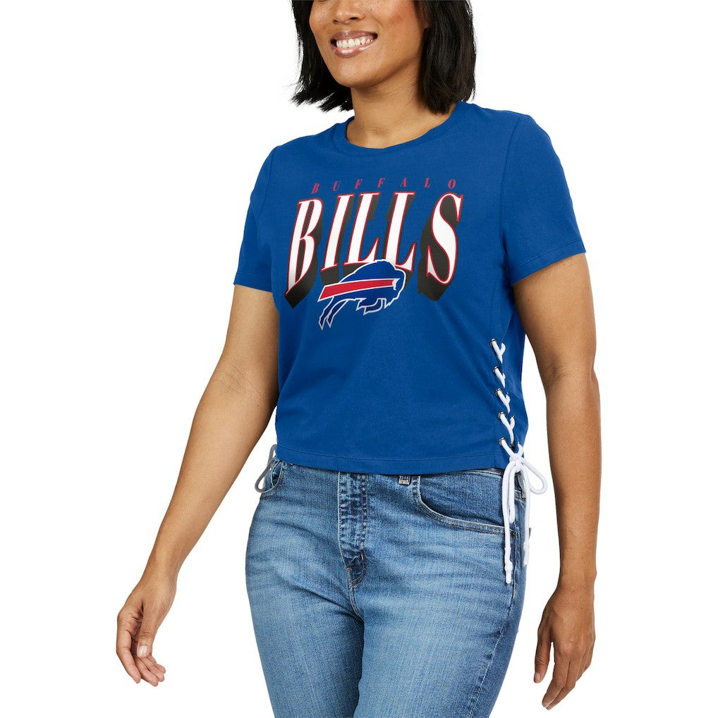 Buffalo Bills WEAR by Erin Andrews Women's Lace Up Side Modest Cropped T-Shirt - Royal T-shirts