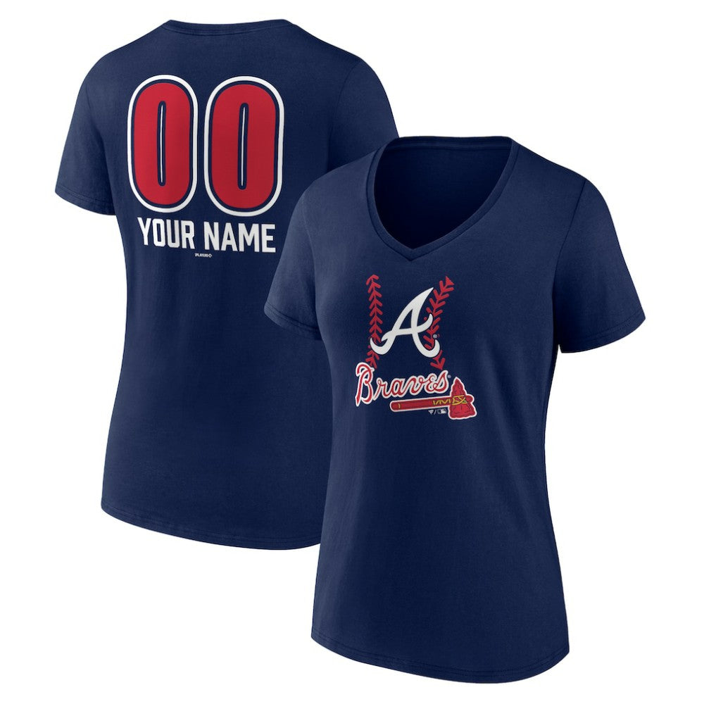 Atlanta Braves Women's Personalized Name & Number Fastball V-Neck T-Shirt - Navy T-shirts