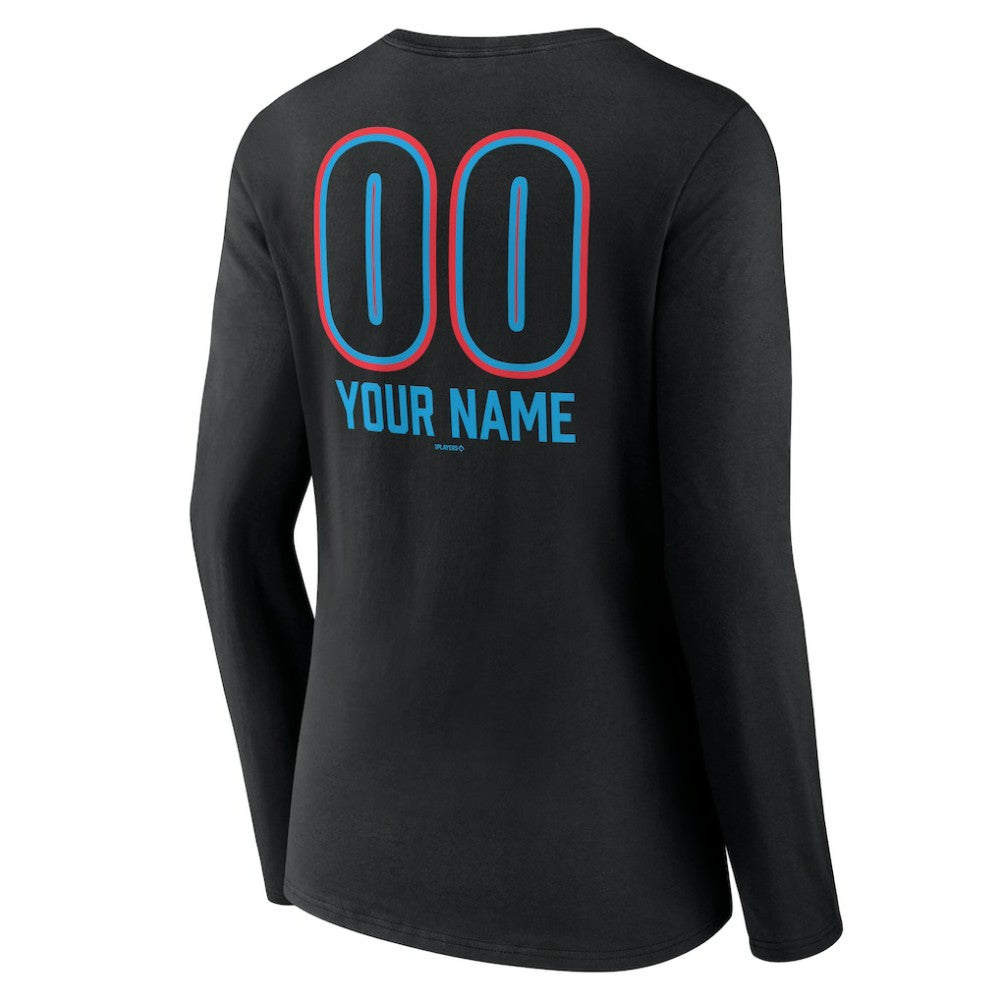 Miami Marlins Women's Personalized Name & Number Fastball Long Sleeve V-Neck T-Shirt - Black T-shirts