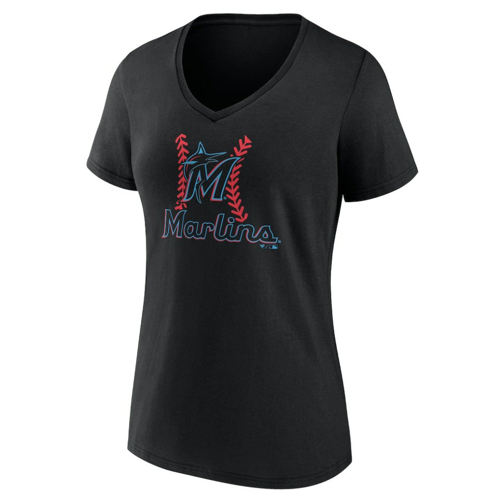 Miami Marlins Women's Personalized Name & Number Fastball V-Neck T-Shirt - Black T-shirts