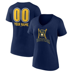 Milwaukee Brewers Women's Personalized Name & Number Fastball V-Neck T-Shirt - Navy T-shirts