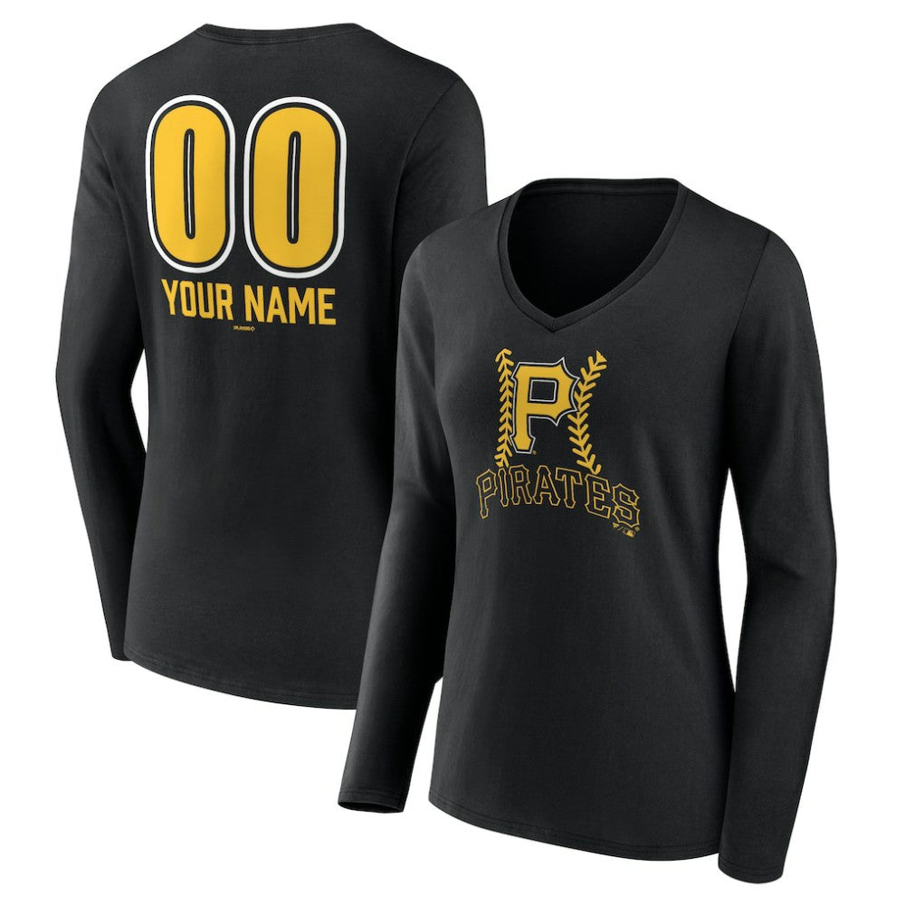 Pittsburgh Pirates Women's Personalized Name & Number Fastball Long Sleeve V-Neck T-Shirt - Black T-shirts