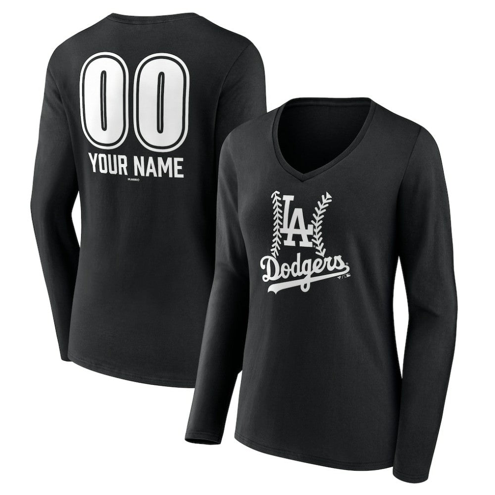 Los Angeles Dodgers Women's Personalized Name & Number Fastball Long Sleeve V-Neck T-Shirt - Black T-shirts