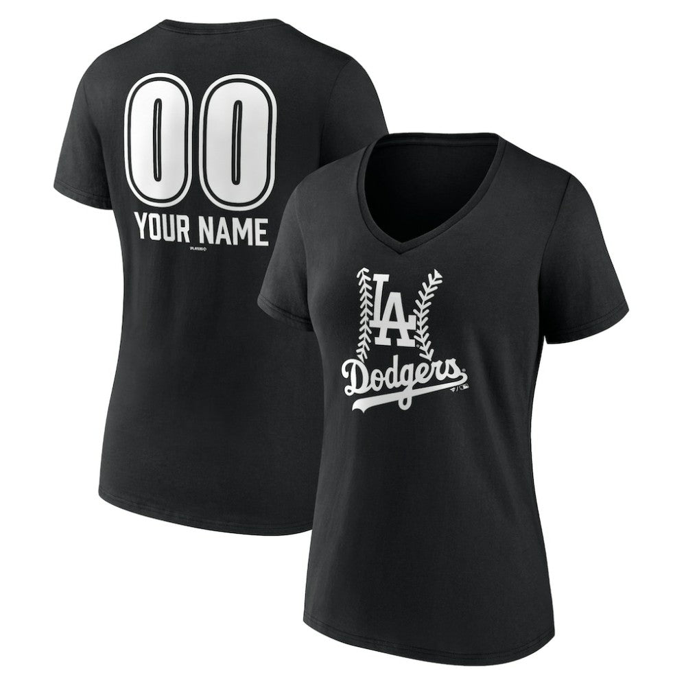 Los Angeles Dodgers Women's Personalized Name & Number Fastball V-Neck T-Shirt - Black T-shirts