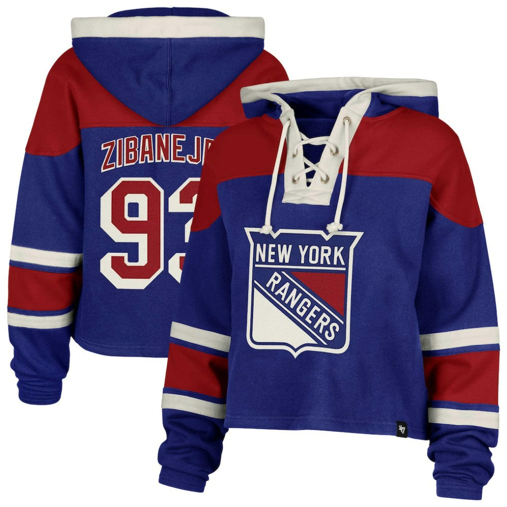 Mika Zibanejad New York Rangers '47 Women's Superior Lacer Cropped Pullover Hoodie - Blue | US 201253405