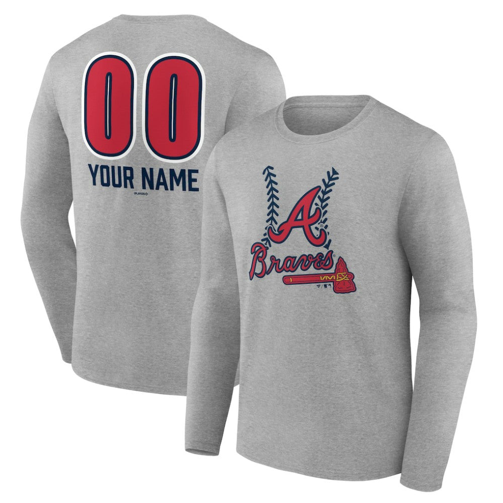 Atlanta Braves Personalized Name & Number Fastball Long Sleeve T-Shirt - Gray T-shirts