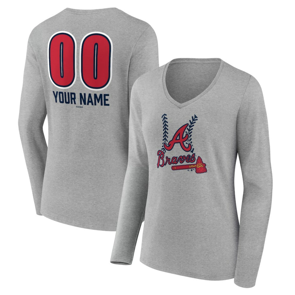 Atlanta Braves Women's Personalized Name & Number Fastball Long Sleeve V-Neck T-Shirt - Gray T-shirts
