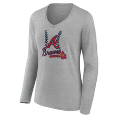 Atlanta Braves Women's Personalized Name & Number Fastball Long Sleeve V-Neck T-Shirt - Gray T-shirts