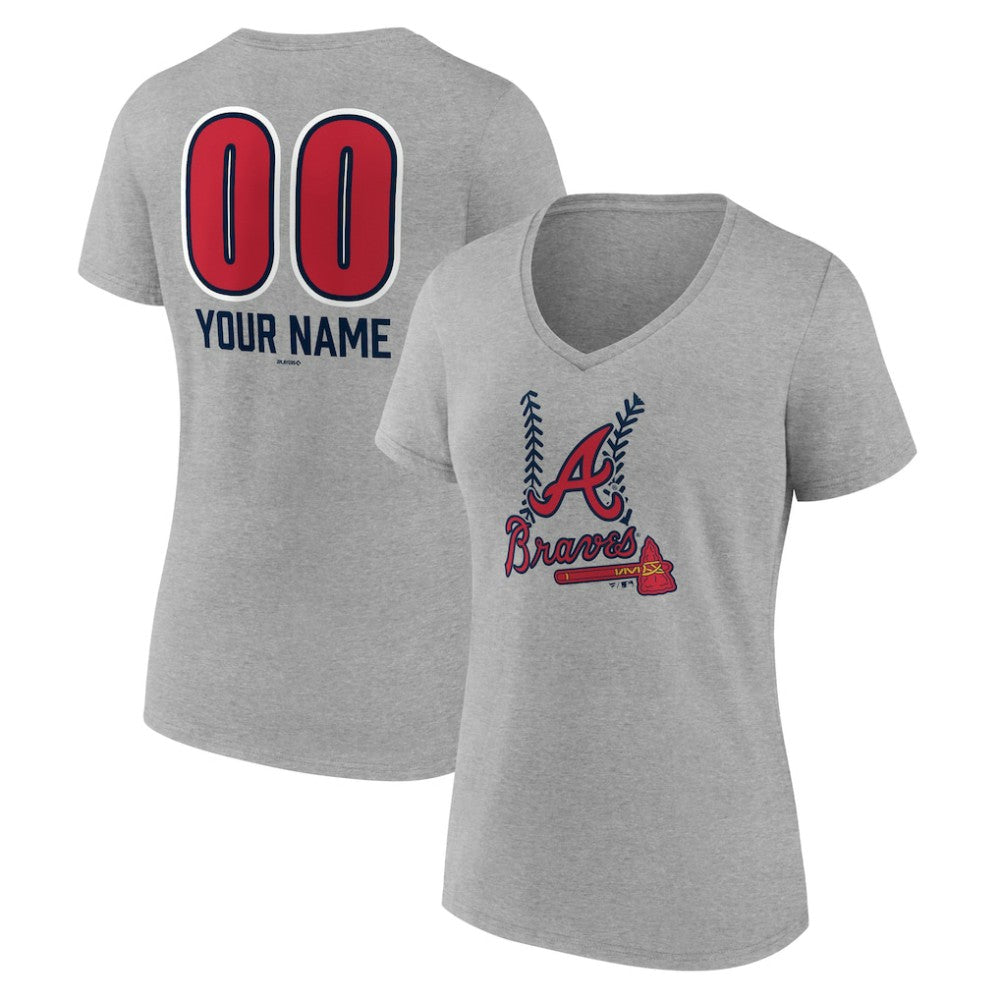 Atlanta Braves Women's Personalized Name & Number Fastball V-Neck T-Shirt - Gray T-shirts