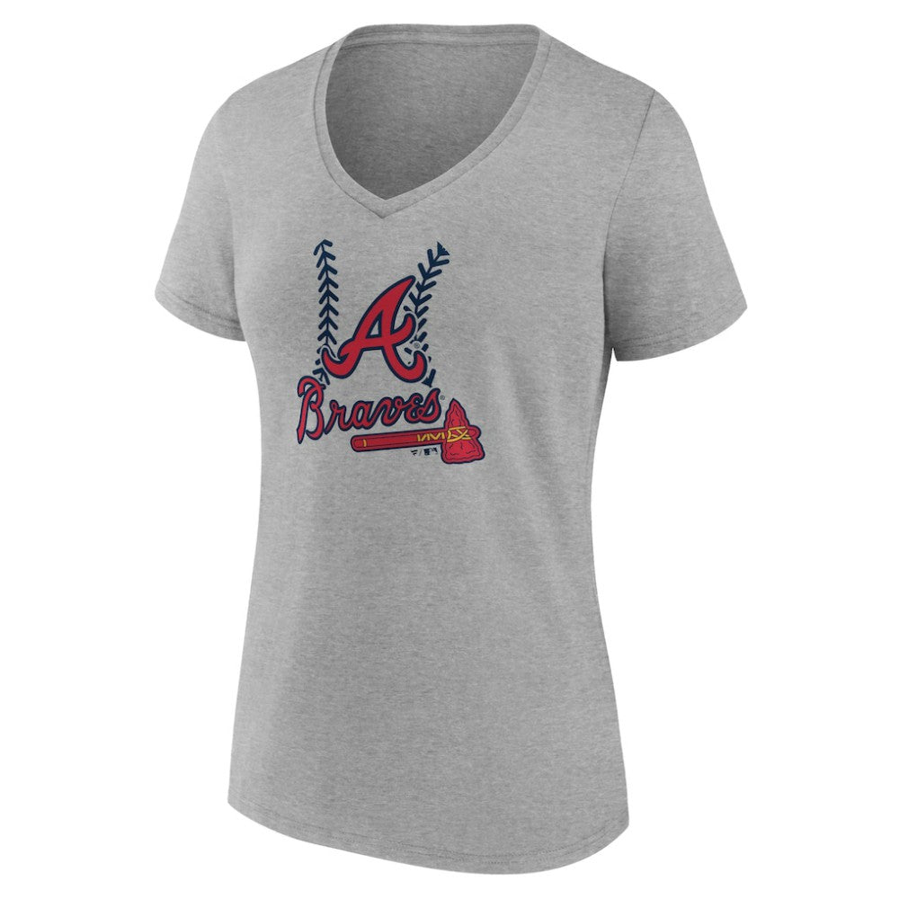Atlanta Braves Women's Personalized Name & Number Fastball V-Neck T-Shirt - Gray T-shirts